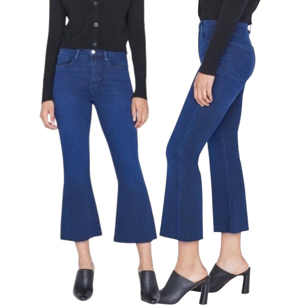 FRAME Le Crop Flare Jeans 29 Fiona Dark Wash Raw Hem High Rise Stretch Designer
